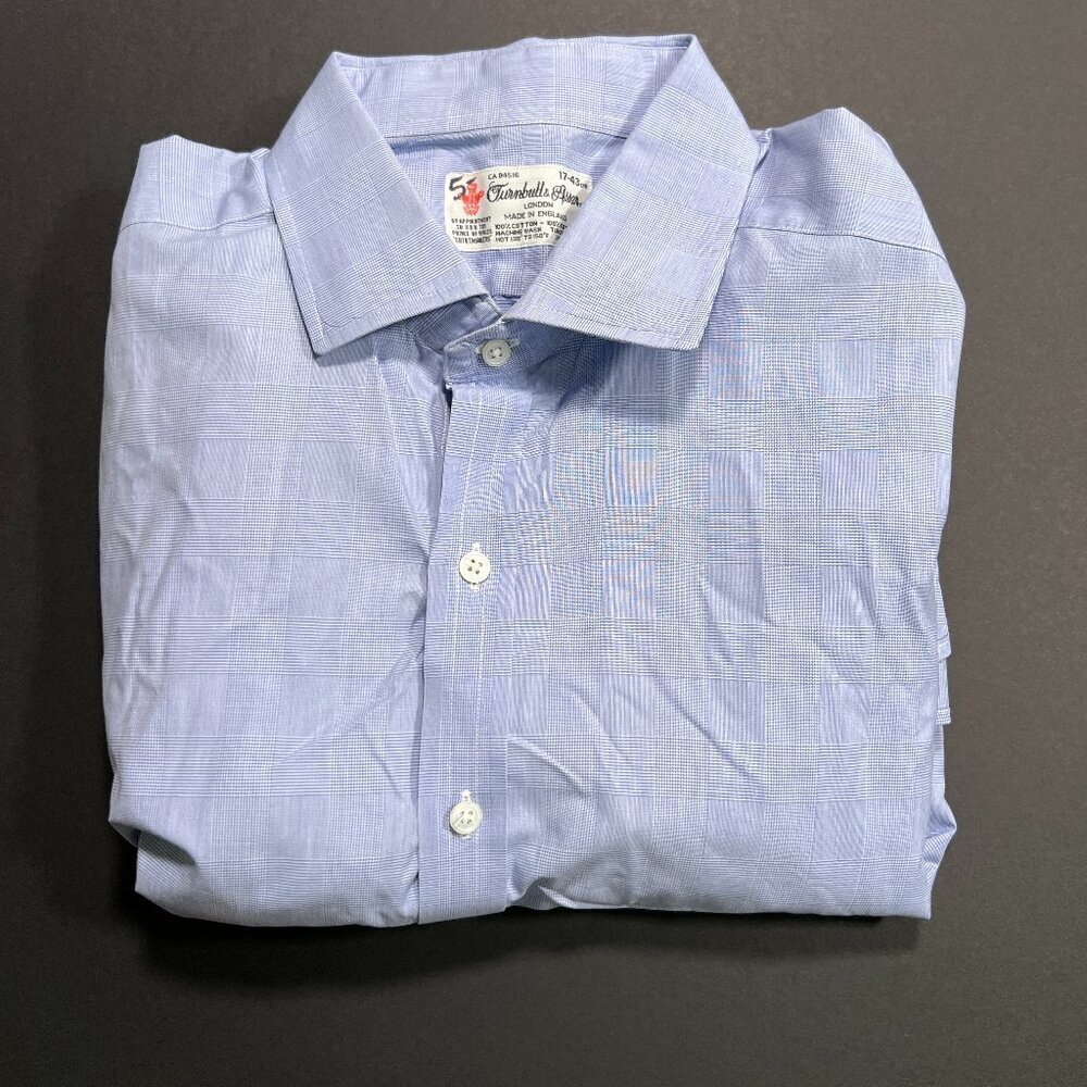Turnbull & Asser Size 17-43 Button Down Long Sleeve Dress Shirt Blue Checkered - Picture 4 of 7